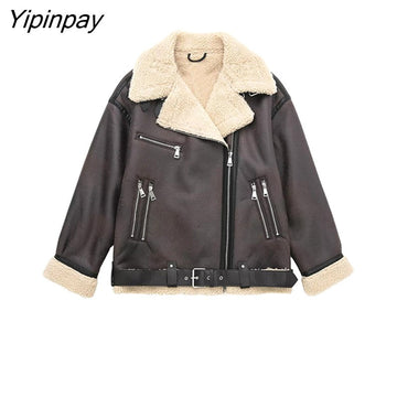 Yipinpay Winter Female Thicken Patchwork Jackets 2023 Fleece Warm Long Sleeve Zipper Coats Loose Vintage Female Waistcoat Chic Tops
